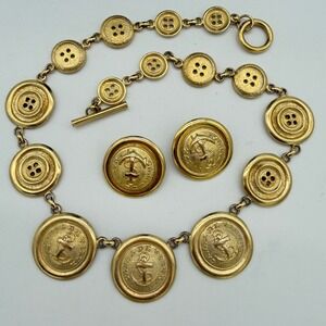 Vintage Gold Tone Nautical Anchor Medallion‎ Necklace & Clip Earring Set